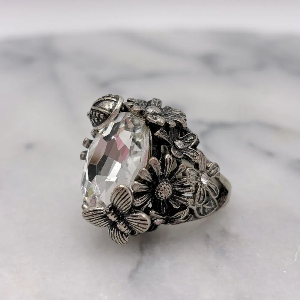 Chunky Flower‎ & Ladybug Antique Silver Tone Crystal Costume Ring Stretch Band